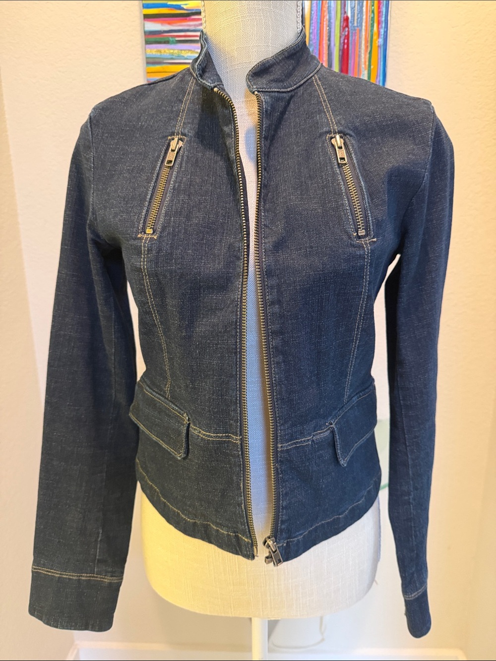 DKNY Dark Blue Denim Zip-Front Jacket with Chest Zips